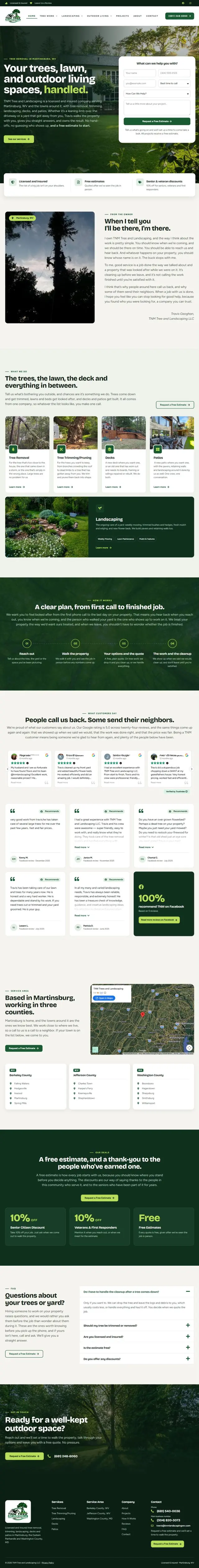 Full-length screenshot of the TNM Tree and Landscaping homepage
